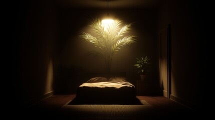 A dimly lit bedroom with a bed, nightstand, and plant.
