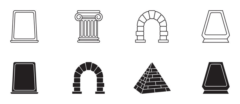 Collection of ancient architecture vector icons featuring a pyramid, ionic column, stone arch, and stele, presented as minimalist line art and solid black glyphs