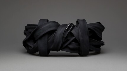 A black, twisted, and looped textile sculpture.
