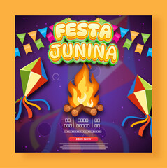 Festa Junina poster template design, Brazilian June festival background with flags and bonfire, Sao Joao party invitation vector.