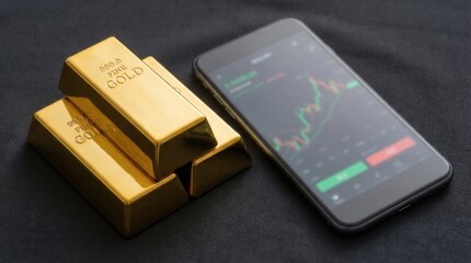 Gold Bars and Smartphone with Financial Chart on Black Background