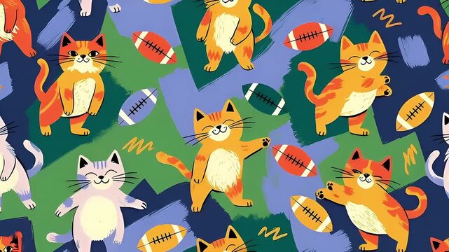 Seamless loop cartoon animation of ginger cats and American football balls 
