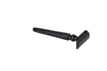 A fake black razor in hand against on transparent background.