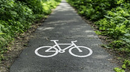 A white bicycle symbol painted on a dark gray paved path.