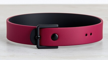 A pink leather dog collar with a black buckle.
