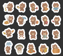 Obraz premium Autumn bear set in scandinavian style featuring different poses and emotions seasonal forest animals harvest clothing weather cozy reading walking