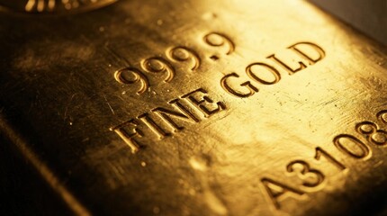 Close-Up of Gold Bar Displaying Purity Mark and Fine Gold Inscription
