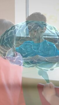 Vertical video: Students eating at table for snack, brain graphic fading in revealing faces, plates