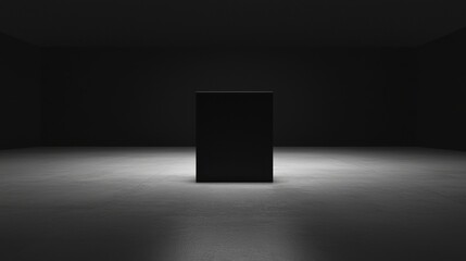 A black rectangular object in a room with a black floor and walls.