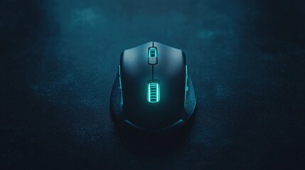 A black computer mouse with glowing blue buttons and scroll wheel sits on a dark surface.