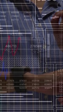 Vertical video: Overlay appearing torso in blue shirt and black watch gesturing and updating data