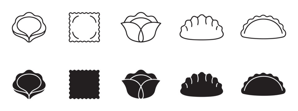 Set of black dumpling and pasta icons showing various shapes like ravioli, gyoza, and pierogi, presented in both minimalist line art and solid silhouette graphic styles