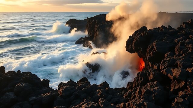 meson. Lava meeting ocean, forming black volcanic rock with rising steam at sunset. inspiring travel planning, travel magazines, designed for travel destination branding, used by nutritionists.