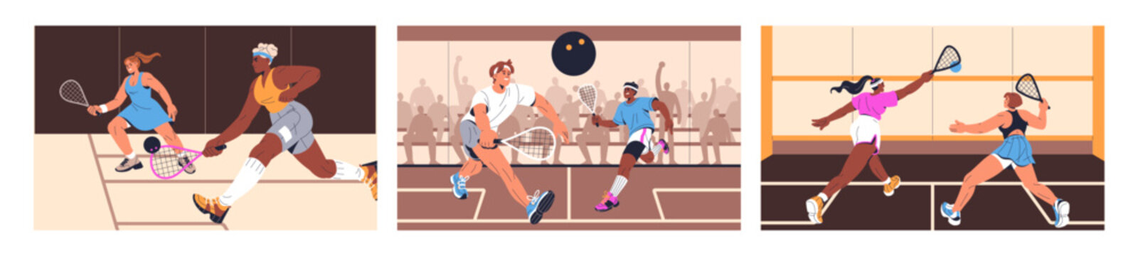 Set of squash game. Padel tennis players run, rushing to hit ball with racket on indoor court. Athletes play sports match with racquets. Sportsmen are in competitions. Flat vector illustrations.