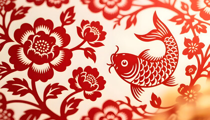 Chinese Paper Cut Style Fish and Floral Pattern in Red