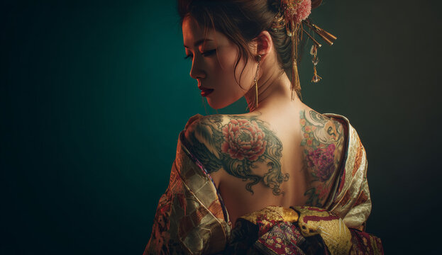 Japanese woman with intricate back tattoo wearing traditional kimono and hair accessories, elegant and artistic portrait