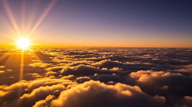 Golden sunlight illuminates the f clouds, creating a breathtaking aerial view at sunrise.