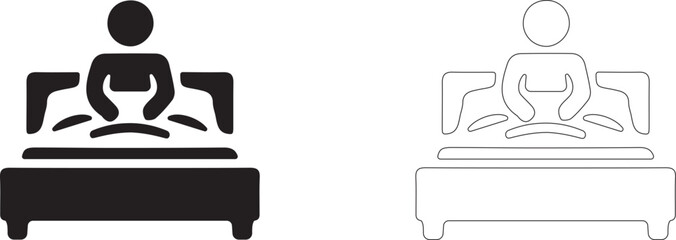 Man sitting in bed, covered with a blanket. Vector icon in minimalistic line style.