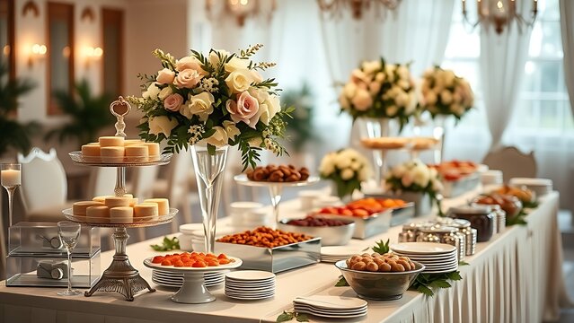 ontology. Elegant wedding buffet table with tiered food displays and floral arrangements from above. menu design, packaging mockups, designed for culinary blogs and recipe cards for restaurants.