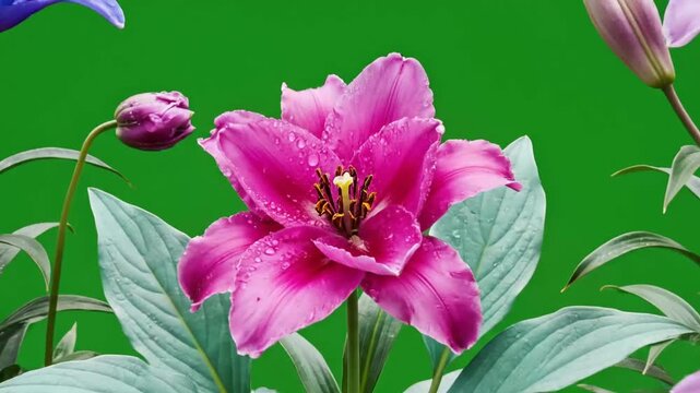 Blooming lily flower with buds and leaves on green