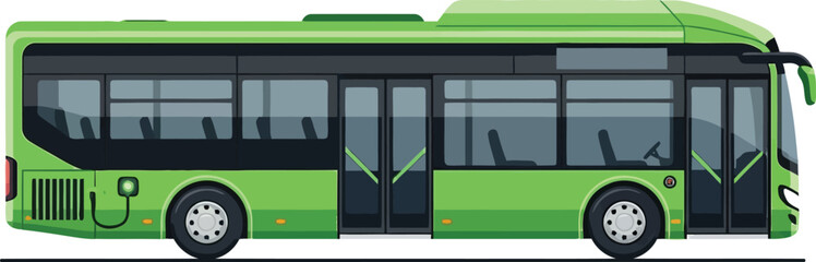 Modern green electric city bus with multiple doors and tinted windows depicted in a clean side profile vector illustration against a white background symbolizing sustainable urban © Zohaib