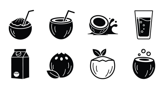 Black and white icons depicting various stages of coconut and juice preparation