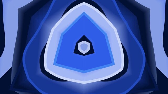 A futuristic digital artwork featuring a blue geometric shape in motion, resembling a tunnel effect, with layered concentric shapes and a central pentagon.