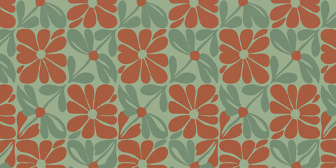 Fototapeta premium Vibrant floral pattern with red flowers and green leaves in a seamless repeat design