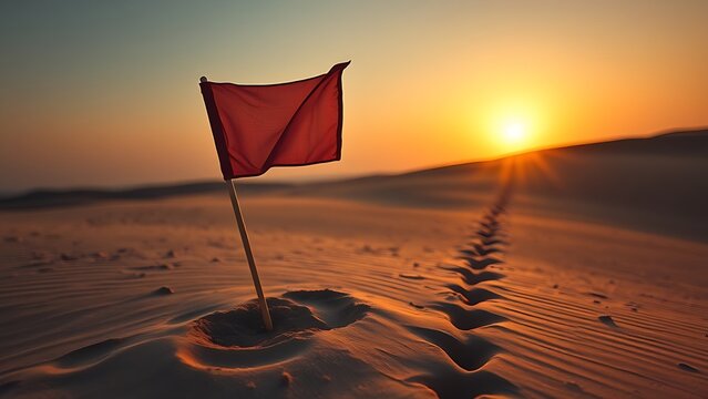 sedition. Broken flagpole in sandy ground with retreating footprints, sunset symbolic of surrender. inspiring travel planning.