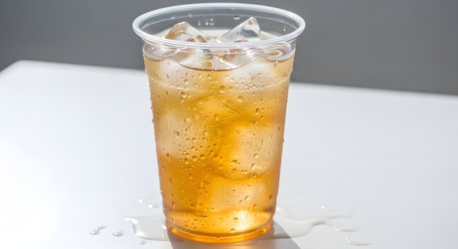 Refreshing iced tea in a clear plastic cup with condensation on a white table