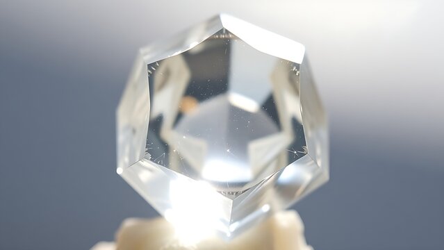 condoning. A naturally formed icosahedral crystal mineral, refracting geometric light in soft natural lighting against a clean background. STEM education sheets.