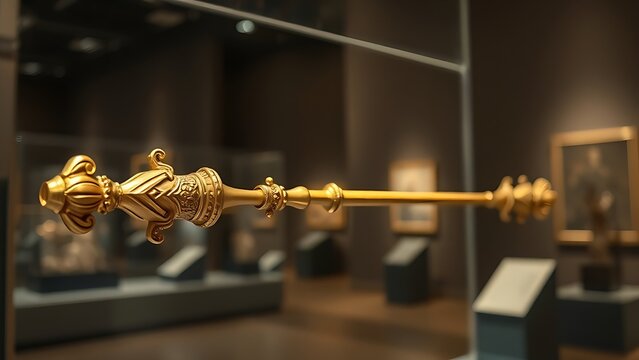 glaive. A ceremonial gilded glaive with carved shaft displayed in a museum. event programs, museum guides, designed for cultural heritage projects and event programs, preserves heritage.