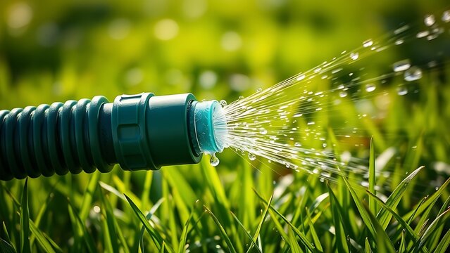 constriction. Green garden hose kinked, spraying water on sunlit grass. event key visuals, club posters, designed for sports event promotions and stadium branding and fitness apps and gym onboarding.