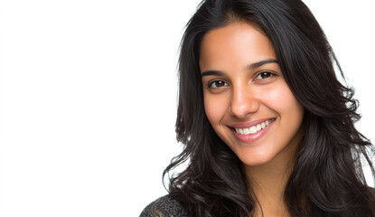 Portrait of a smiling young indian woman with long dark hair and bright expression
