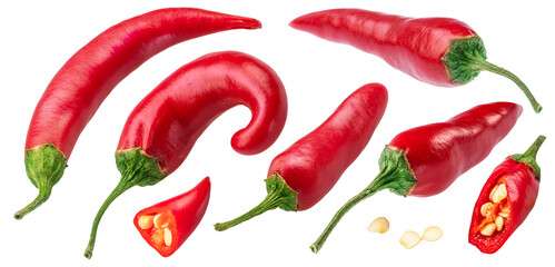 Set of fresh red chilli peppers isolated on white background. File contains clipping paths. © Екатерина Иванова