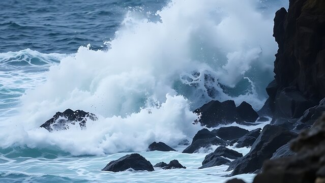 planck. A massive ocean wave crashing against dark coastal rocks during a storm. travel magazines, destination branding, designed for outdoor magazines and nature guides, inspires travel planning.
