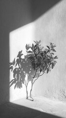 Monochrome shot of a small tree with foliage, illuminated by sunlight