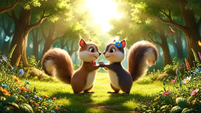 Adorable squirrel couple holding hands in a sunlit forest clearing surrounded by blooming flowers and lush green foliage