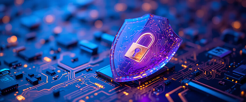 Network security visualization, glass-like purple shield with gold reflections and lock emblem, floating over abstract holographic blue and rgolden glowing motherboard patterns,