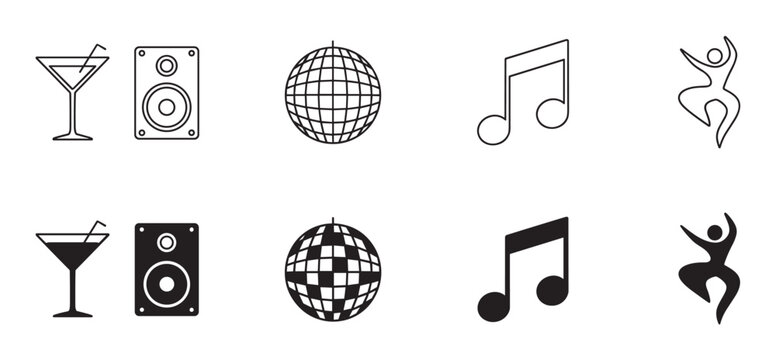 Collection of black party icons showing a cocktail, speaker, disco ball, musical note, and dancer in both outline and solid silhouette styles for entertainment concepts