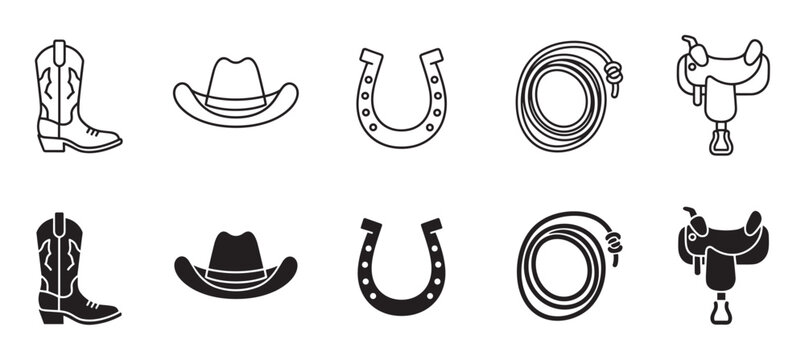Set of ten western themed icons showing a cowboy boot, hat, horseshoe, lasso, and saddle in both a simple line art style and a solid black glyph version