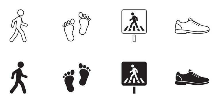 Collection of black walking pedestrian icons including a stick figure, footprints, a crosswalk sign, and a shoe, presented in both outline and solid silhouette styles