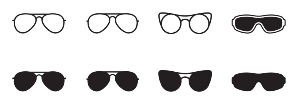 Collection of black sunglasses icons showing various styles like aviator and cat-eye in both solid silhouette and simple outline frame designs for a minimalist graphic set