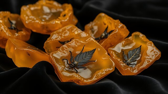 copal. Several raw amber copal resin pieces on black velvet with ancient inclusions. gardening catalogs, home-decor guides, designed for home decor and floral branding, used by video editors.