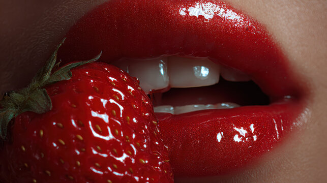 Close up of a woman with red glossy lips and a fresh strawberry for a seductive valentine love concept