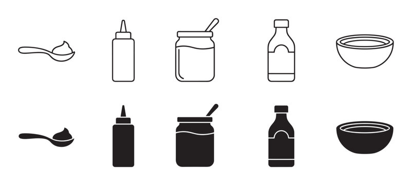 Set of black sauce and condiment icons featuring various containers like a bottle, jar, bowl, and spoon, presented in both simple line art and solid black glyph styles