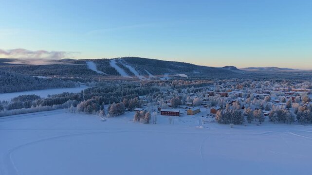 Beautiful Snow Landscape with Ski Slopes in Arvidsjaur Sweden AERIAL