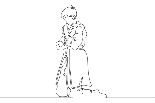 Continuous single line drawing businessman praying for good luck. Man praying on his knees. Religion. Business.  Linear.One continuous line isolated minimalist illustration. Not AI.