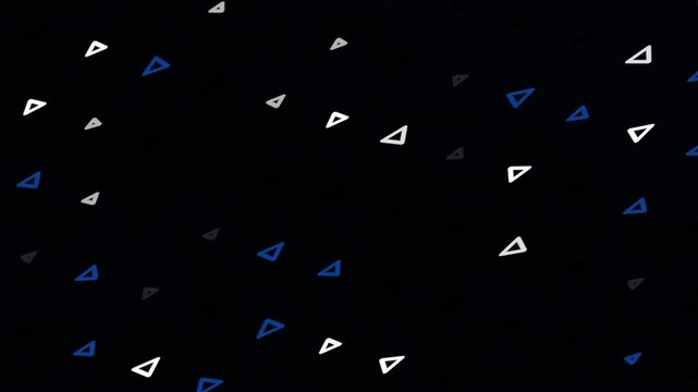 Black background with scattered white, blue, and gray outlined triangles and abstract art on the left