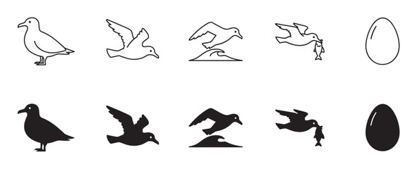Fototapeta premium Set of black seagull icons showing different poses and actions, including standing, flying, catching a fish, and an egg, presented in both outline and silhouette styles